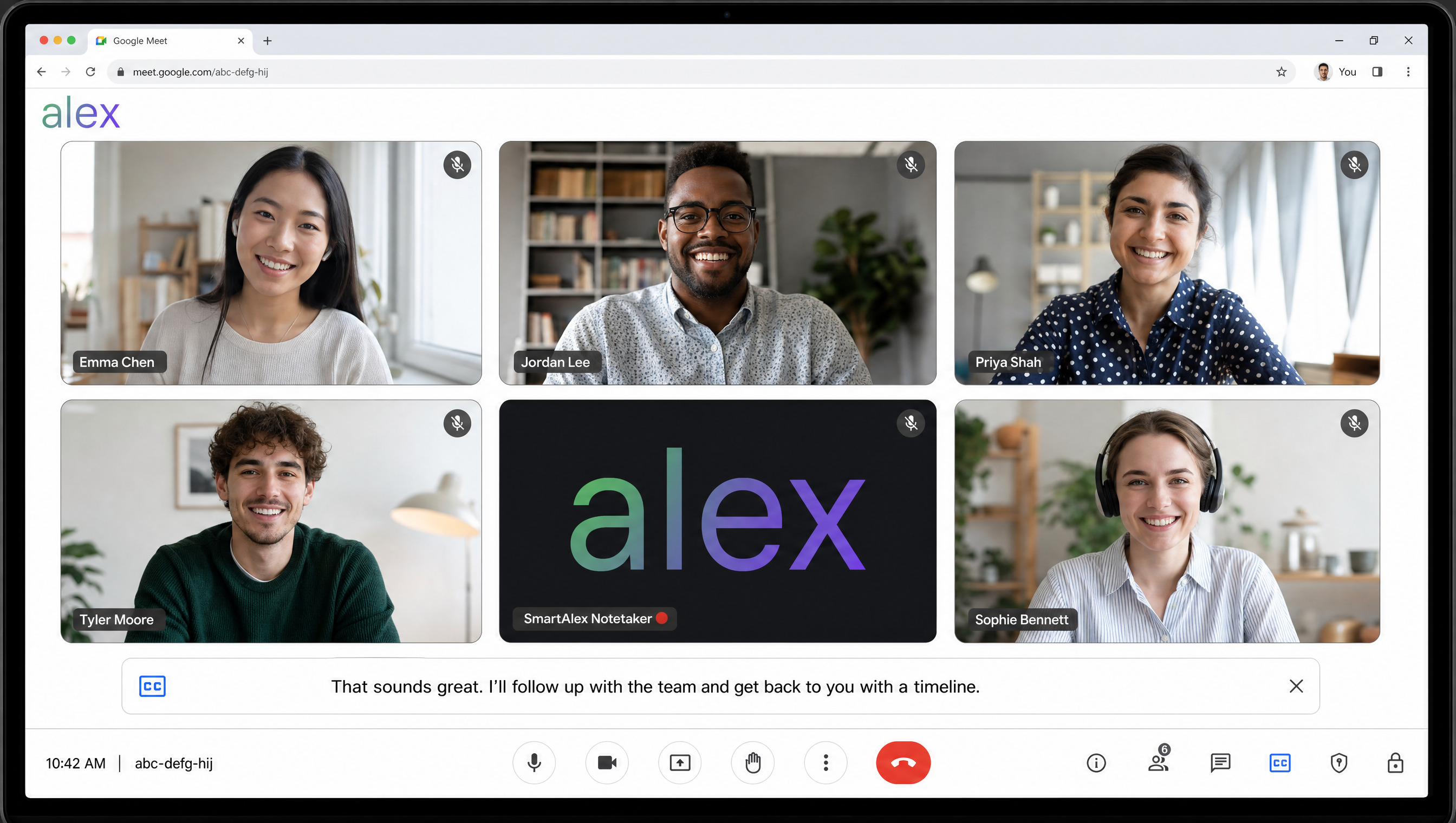 The SmartAlex notetaker in a Google Meet call of six people, taking notes with live captions