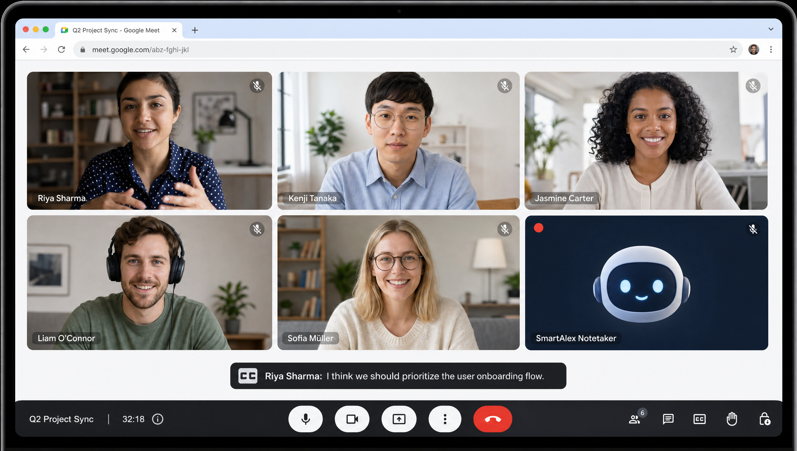 The SmartAlex notetaker in a Google Meet call with live captions
