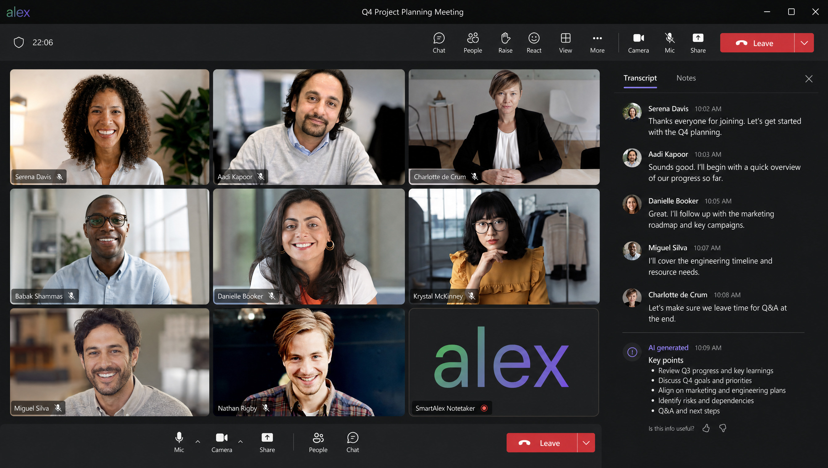 A Microsoft Teams call with the alex notetaker, a live transcript and an AI key-points notes panel