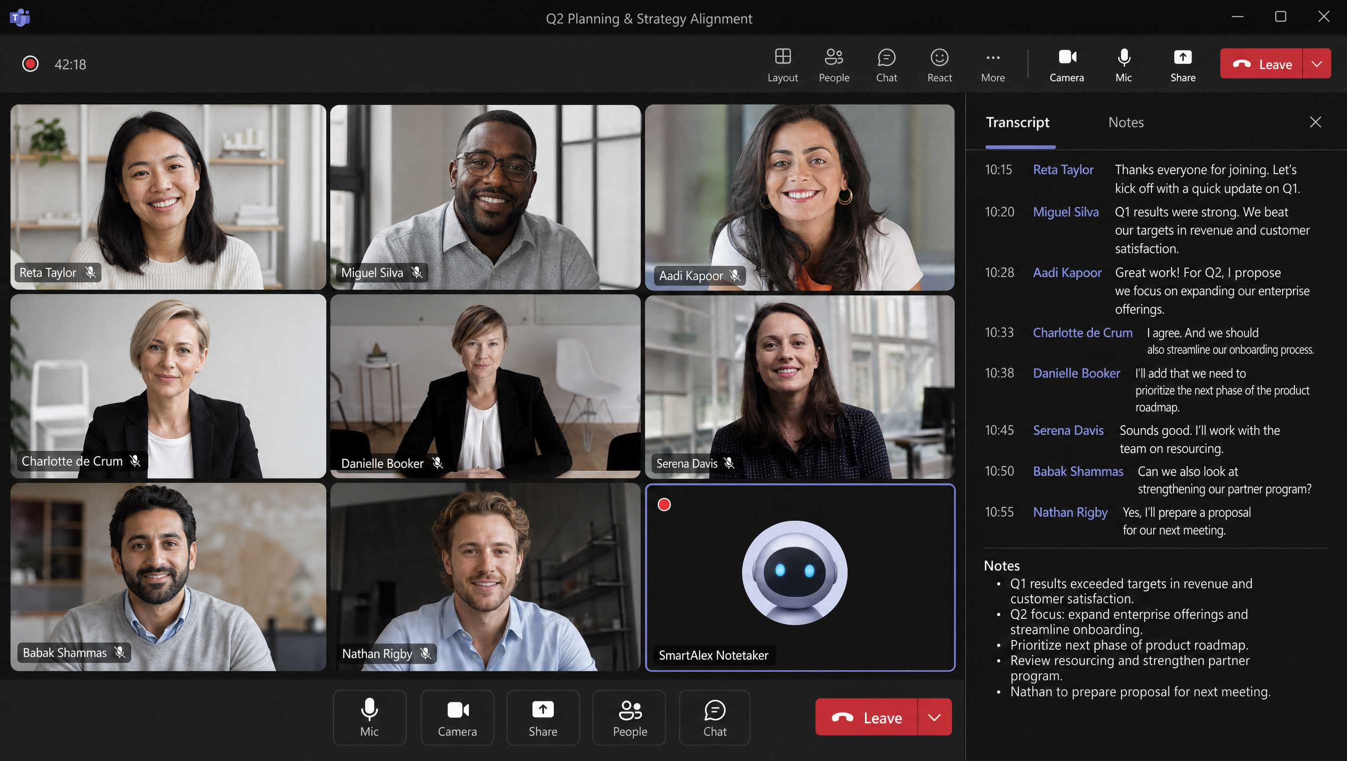 The SmartAlex notetaker in a Microsoft Teams call with transcript and AI notes