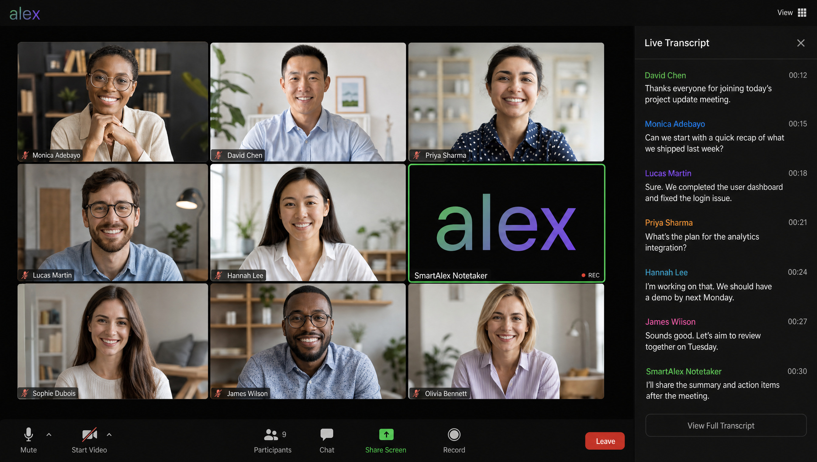 A Zoom call with the alex notetaker and a live meeting-transcript side panel