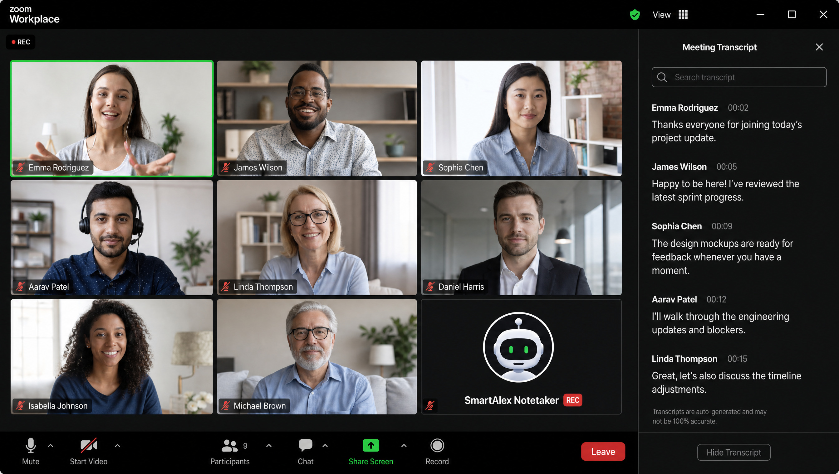 The SmartAlex notetaker in a Zoom call with a live transcript panel